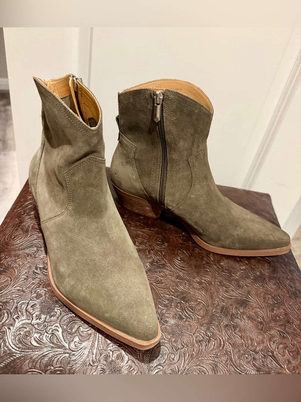 Crown Vintage Olive Suede Ankle Booties with Side Zip
